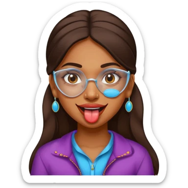 make a tongue sticking out expression for this indian girl that has transparent under ey patches sticker