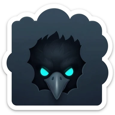 Just the raven's head and its two glowing cyan eyes peeking from behind a dark, stylized wall (like a bush from the sketch style, but darker). sticker