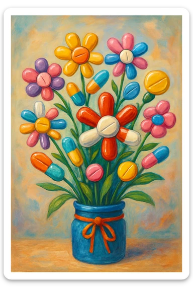 a bouquet where each flower is a different type of pill, lively and imaginative sticker