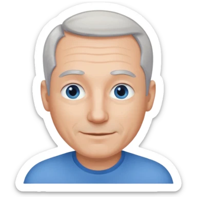 Middle aged man with receding grey hair and no beard, blue eyes, shy smile sticker