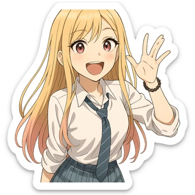 Marin Kitagawa, cheerful anime girl with long blonde hair and pink tips, school uniform, expressive face, anime style sticker