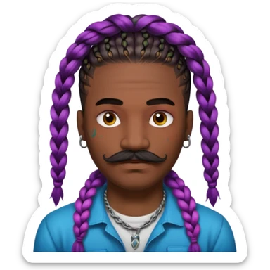 big lose braids starting from the top of the head man with mustache face wiith big visible braids and lots and lots of colored face tattoos colored tattoos like a tattoo artist hair unique color sticker