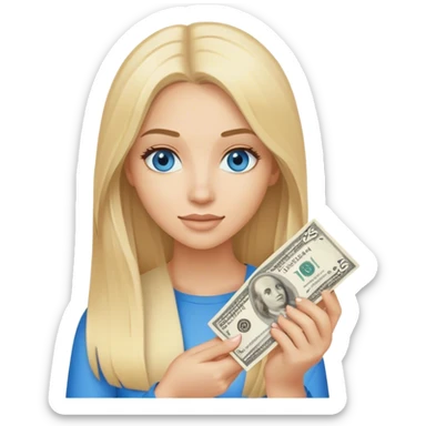 realistic blonde with long hair, blue eyes light pink has straight hair holding 25 in hand sticker