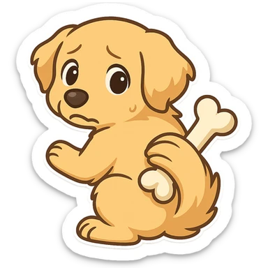 A golden retriever is hiding a bone on its back, looking back in fear, looking at the audience, trying to cover up the bone sticker