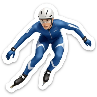 An icon showing a grand arena, snow-covered mountains in the distance, and a crisp blue sky. professional speed skater leaning into a turn on a polished ice track, dressed in a sleek suit and helmet. Transparent background highlights speed and precision. sticker