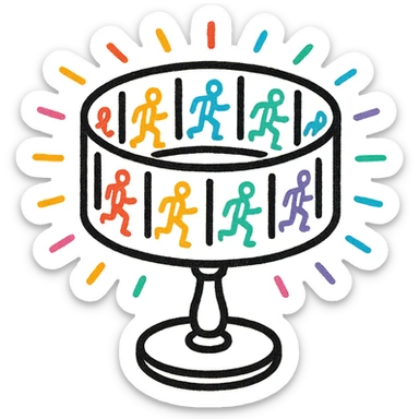 Make the zoetrope with vibrant, colorful animation frames around it, in the style of hand drawn icon with no fill sticker