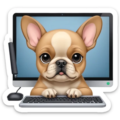 Fawn Frenchie with black muzzle working behind computer sticker