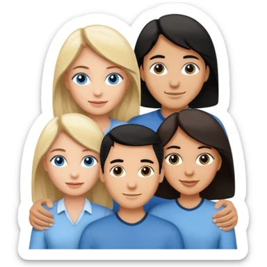 Blond woman blue eyes on left. Man with black hair and greye eye in the middle. Brown hair woman with greye eyes on the right. Happy together sticker