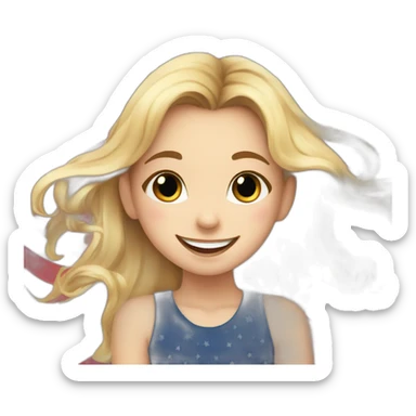 A joyful, happy girl with stars in her eyes, against the background of the US flag sticker