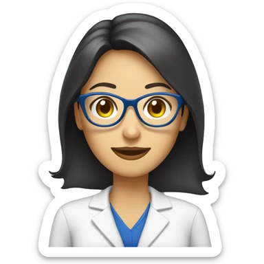Mujer con gafas, lunar en en cachete izquierdo, gafas azules, con coleta, morena y bata blanca de nutricionista  sticker