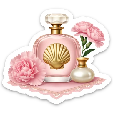 A vintage Shell Pink perfume bottle with gold details beside Pearl Pink carnations, glowing softly in candlelight. A lace-trimmed silk handkerchief adds a touch of romance." sticker