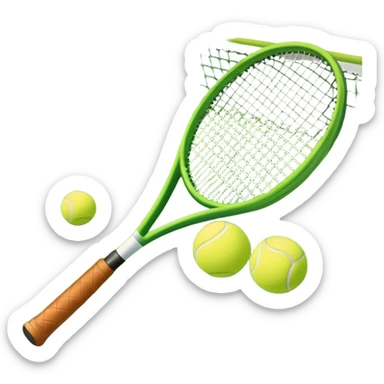 A tennis racket and ball positioned on a grass court, with the net and lines clearly visible in the background. The scene emphasizes the classic elements of the sport, capturing the energy and precision of a tennis match. sticker