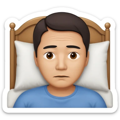 A middle-aged Asian man lying in bed, unable to sleep sticker