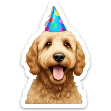 Labradoodle with a birthday party hat sticker