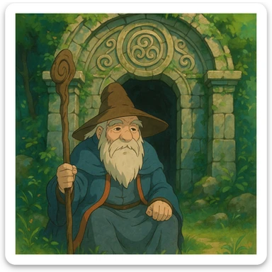 ghibli style scene of a wise old gatekeeper at a mystical gate sticker