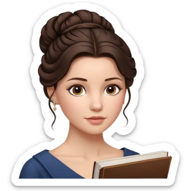 Cinematic Realistic Journal Portrait, depicted with lifelike skin texture, subtle rosy undertones, and soft natural lighting that enhances the gentle contours of her face. Her intricately detailed brunette hair is elegantly styled in an updo, sticker