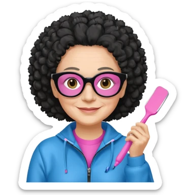 FEMME FRISÉ 60 ANS CHEVEUX NOIR FRISÉ LONG SOURIANTE AVEC CHANDAIL ROSE,   YEUX BLEU ET UN PINCEAU À LA MAIN LA MAIN AVEC 5 DOIGT SEULEMENT ET LUNETTE sticker
