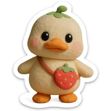 kawaii white duck with a strawberry-shaped shoulder bag, 3D clay style, pastel colors, big shiny eyes, soft lighting, chibi proportions sticker