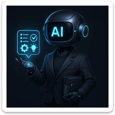 futuristic robot librarian with a holographic interface, dark mode style, holding glowing AI tool icons, resembling a mini productivity wizard with sleek tech accessories, wearing a smart minimalist outfit sticker