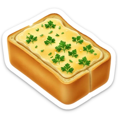 garlic bread slice, golden, crisp edges, melted butter and herbs, soft fluffy inside, toasted glossy crust, parsley and garlic flecks, no plate or knife, soft lighting, emoji scale sticker