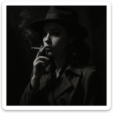 a girl smoking, noir style, shadowy, mysterious, vintage detective film vibe sticker