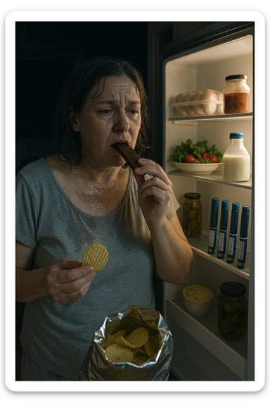 Menopausal woman binge-eating at 2AM after night sweat, fridge light illuminating insulin pens sticker