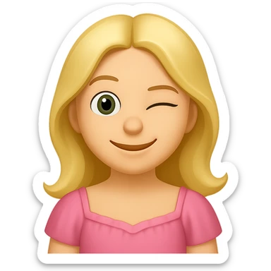 Create an iOS emoji style blonde woman with long hair and pale green eyes, winking expression, based on the appearance in the reference image. sticker