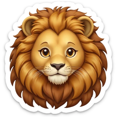 Cinematic Cute Lion Portrait Emoji, Head tilted playfully and inquisitively, featuring a glossy tawny Fur with a lush mane and round, sparkling amber eyes filled with curious mischief, Simplified yet irresistibly adorable features, highly detailed, glowing with a warm, friendly glow, high shine, affectionate and spirited, stylized with a touch of jungle whimsy, bright and endearing, soft glowing outline, capturing the essence of a mischievous yet loving lion, so playful it feels like it could pounce out of the screen and into your arms! sticker