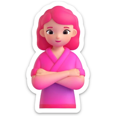 Shy girl character with arms crossed, transparent glass style, bright pink gradient, soft shadows and highlights, minimalist cute design sticker
