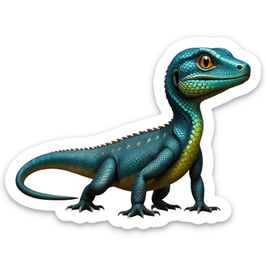 cinematic-monitor-lizard-realistic-full-body-standing on all fours-emoji,-long-powerful-tail-dragging-slightly-behind,-sleek-scaled-body-textured-with-rich-patterns,-head-tilted-dramatically,-dark-intense-eyes-observing-its-surroundings,-simplified-yet-realistic-focused-features,-highly-detailed,-glowing-with-an-almost-sarcastic-glow sticker