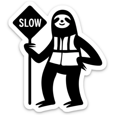 Convert the sloth holding a 'SLOW' sign and wearing a safety vest into a simple, clean icon style with bold lines and minimal details. Remove extra details to keep the design recognizable at small sizes. Use a transparent background. sticker