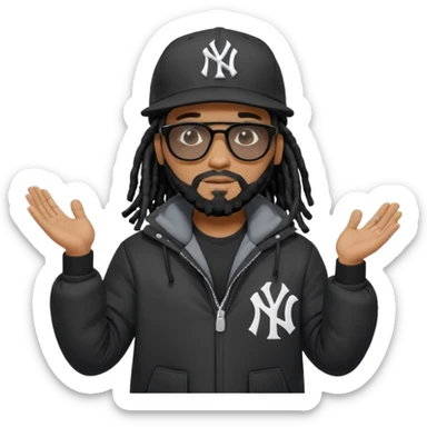 African American man with shoulder length black dreadlocks with black beard wearing black sunglasses wearing a black New York Yankees logo baseball cap wearing a black bubble winter coat with hands out in balancing position sticker