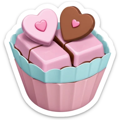Two square milk chocolate , Each praline is a sharp-edged cube with smooth glossy chocolate coating, placed in a small white fluted paper candy cup. On top of each cube is a flat pastel pink heart-shaped icing sticker