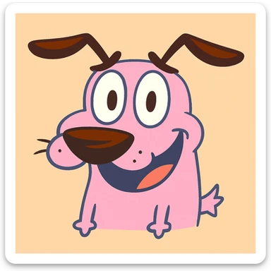 Courage the Cowardly Dog emoji, smiling, pink dog, big nose, pastel toon cartoon style sticker