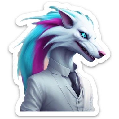 White badass elegant wild beautiful natural cute badass epic anthro modern albino sergal-vernid-creature with cyan mane and magenta eyes with cyan edgy stripes, full body, blue pretty hair, outside, modern, aesthetic, art by LiLaiRa, art by art by Falvie sticker
