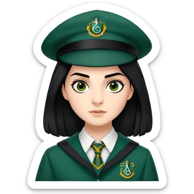 genevieve gaunt is Pansy Parkinson in harry potter, wear hogwarts slytherin uniform, black hair, not wearing hat sticker
