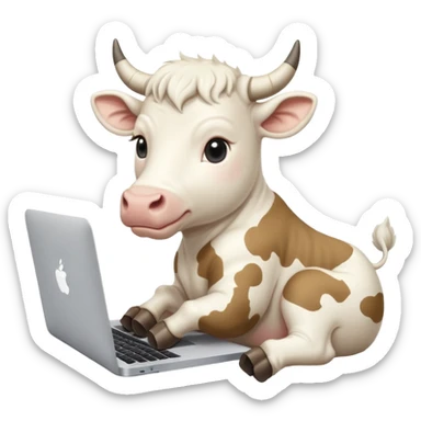 baby white bull sitting in front of a macbook, working  sticker