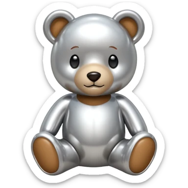 A cute teddy bear emoji made of liquid silver chrome, smooth rounded body, glossy metallic surface, soft reflections, friendly proportions, iOS emoji style, centered, clean white background sticker