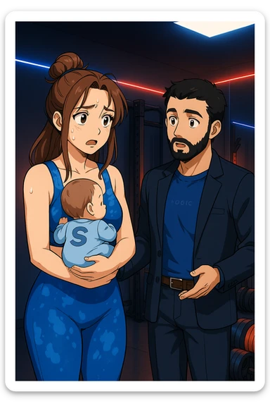 ispirati a questo stile di disegno e fai questa immagine in versione manga/webtoon a colori, il manga mostra la donna preoccupata con un neonato in braccio con una tutina azzurra e la scritta "S" sulla schiena, la donna gli sta facendo una domanda all'uomo, ma non fare i fumetti, fai come se stessero parlando sticker