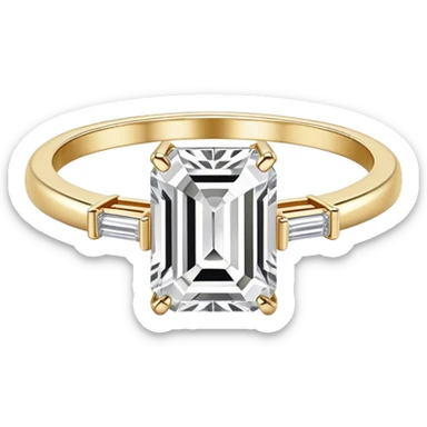 Single emerald cut colorless diamond ring on a small gold band sticker