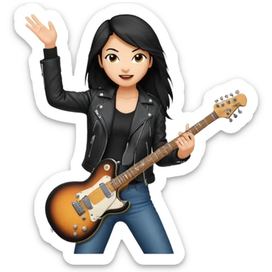 Young woman – standing on stage, leather jacket, playing electric guitar, energetic pose sticker