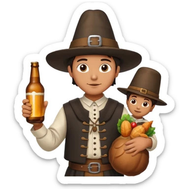 Mexican mandressesd as  pilgram Thanksgiving holding a Turkey drumstick and a bottle beer sticker