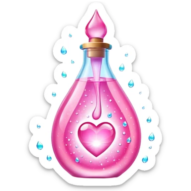 Pink teardrop-shaped glass bottle with rounded pump, glowing with iridescent light. Surrounded by sparkling dew drops, soft heart-shaped flares, and floating. Emits a radiant pink aura that glows like sunrise on skin. Feels like a glamour spell bottled into a juicy, glossy emoji flask. sticker