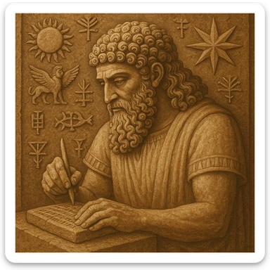 Sumerian god with curly hair, focused on a clay tablet, surrounded by ancient symbols, divine and wise appearance, historical vibe sticker