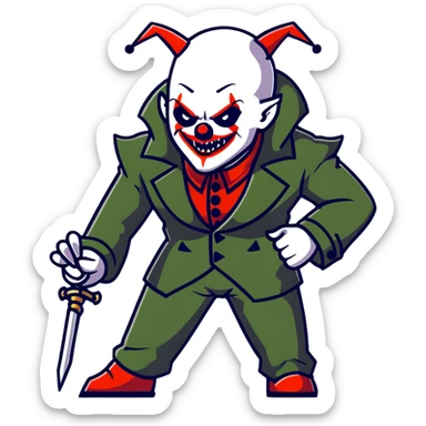 evil clown warrior, bald, small black satan-like horns on forehead, fangs, pointed ears, eye patch over one eye, long coat over black and military green leisure suit with bellbottom pants, realistically proportioned, less bulky, full body, battle-ready fighting posture sticker
