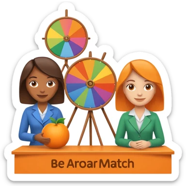 emoji of a recruitment booth. Two cartoon figures stand behind an orange table with 'MARROW, be a match' branding, a colorful spinning wheel, and a branded vertical banner. Simplified and cute. There should not be fruit in the picture.  sticker
