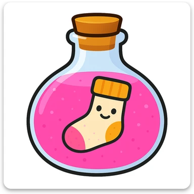 Create a pink potion in the same bottle shape as the reference image, with a sock inside, in emoji style. sticker