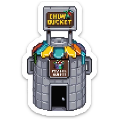 Chum Bucket restaurant from SpongeBob, gray bucket-shaped building with a sign sticker