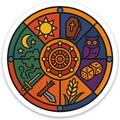 an ornate wheel with eight sections, each with a symbolic image: life represented by the sun, death represented by a coffin, darkness represented by an owl, plague represented by green mist, war represented by a broken sword, hunger represented by wheat, dreams represented by moon and stars, destiny represented by fate dice; detailed and fantasy-inspired style sticker