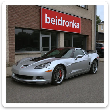 Photo of a Corvette Z06 silver parked next to polish shop "biedronka" sticker